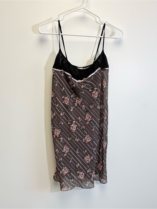 Vintage Dresses & Skirts - VTG Y2K Black Pink Floral Stripe Sheer Mini Slip Dress Large Coquette Bow
